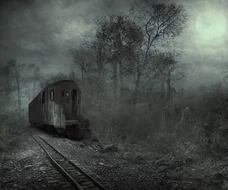 Image similar to creepy ghost train, high res, photorealistic, dark atmosphere, dark fantasy, gloomy tracks, bright lights, forestry