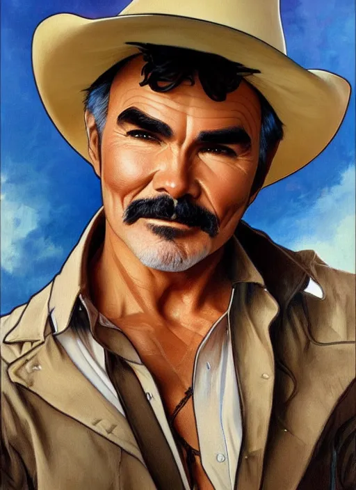 Image similar to burt reynolds wearing cowboy hat, painting by artgerm and greg rutkowski and alphonse mucha