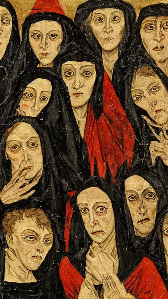 Prompt: witches with haunting eyes, medieval painting