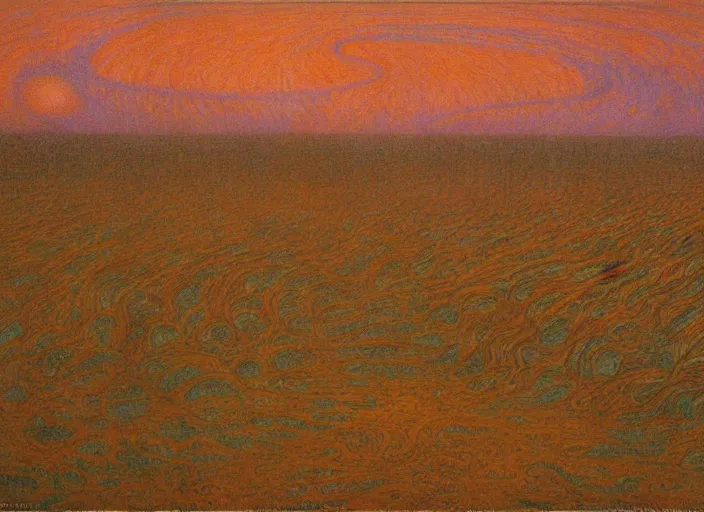 Image similar to a haunting landscape with wandering blobby orange wraiths, painting by jean delville,