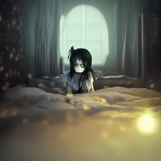 Image similar to full shot portrait of angry darkness anime girl hidden under a bed at moonlight, gothic wearing, worrying eyes, inspired by Tim Burton, detailed, unreal engine 4k volumetric light, dense fog,