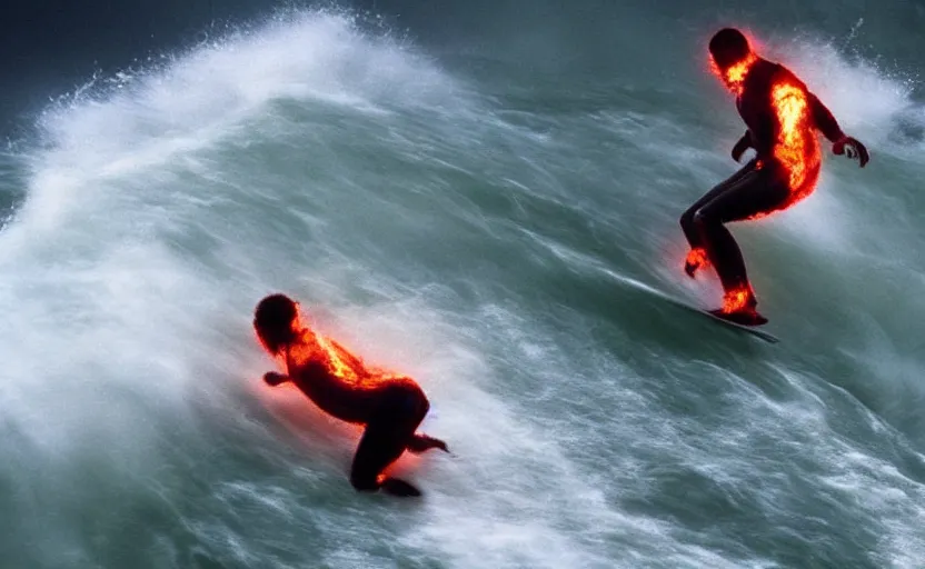 Prompt: lava surfing is the most extreme of sports, action shot, directed by michael bay, motion blur, sharp focus, imax