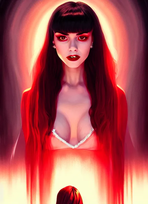 Image similar to portrait of vampire veronica lodge with bangs, vampire fangs, vampire, long hair, red clothes, bangs, vampironica, intricate, elegant, glowing lights, highly detailed, digital painting, artstation, concept art, smooth, sharp focus, illustration, art by wlop, mars ravelo and greg rutkowski