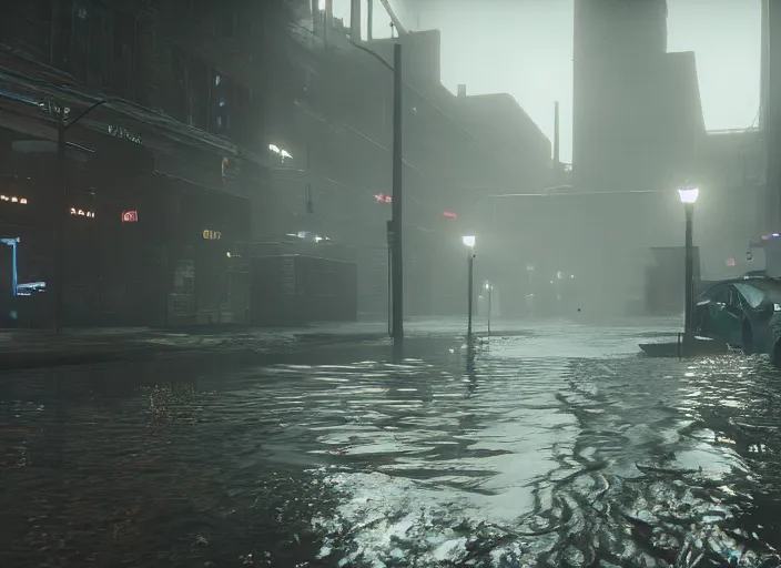 Image similar to dark, misty, foggy, flooded chicago city street, swamp and grunge in destiny 2, liminal creepy, dark, dystopian, abandoned highly detailed 4 k in - game destiny 2 gameplay showcase