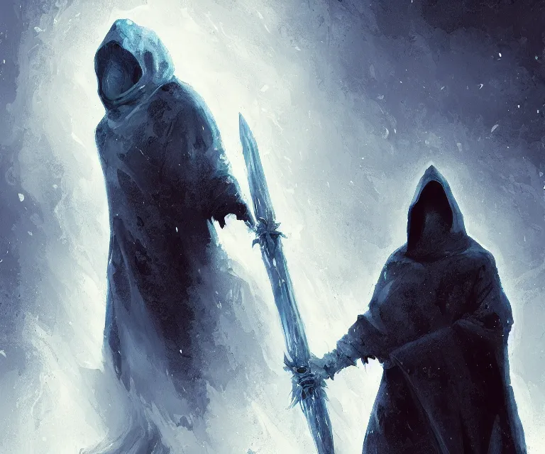 Image similar to a painting of a hooded figure with a giant ice sword in hell digital art by greg anato finnstark, dynamic poses, dark lighting, extremely detailedfeatured on artstation and art of the year on deviantart, brethtaking lighting