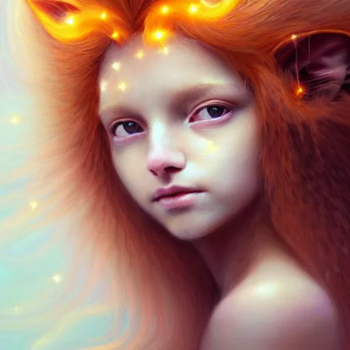 Image similar to Portrait of a girl angel with pale orange colored frizzy strands of illuminated hair, cat ears on her head, glowing halo, Lion's Mane, Lion's Gate, fantasy, intricate, elegant, highly detailed, digital painting, artstation, concept art, smooth, sharp focus, illustration, art by Krenz Cushart and Artem Demura and alphonse mucha