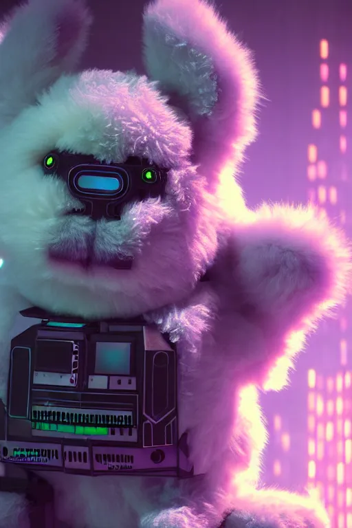 Image similar to high quality 3 d render very cute neuromancer fluffy! cyborg cow playing! drums!!, highly detailed, unreal engine cinematic smooth, in the style of blade runner & detective pikachu, hannah yata charlie immer, moody light, low angle, uhd 8 k, sharp focus