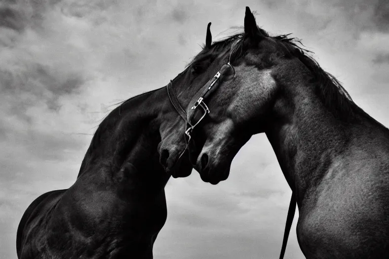 Prompt: a depressed photo of a dying guy crying while his horse is crying