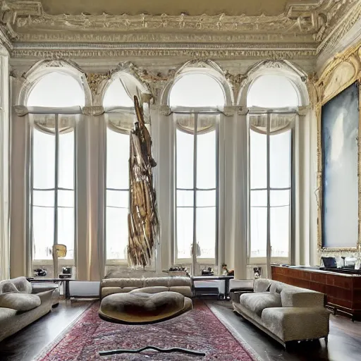 Image similar to giant Italian modern castle living room, clean minimalist design, that is 1300 feet tall, with very tall giant walls filled with modern art paintings, doors that are cosmic portals, giant modern stainless steel sculpture by Ken Kelleher, photo by Annie Leibovitz