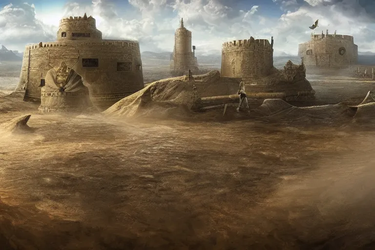 Image similar to a land outside of time and space with floating sands and flying beasts with a Fort in the middle and water tunnels below, a man standing watching over, realistic