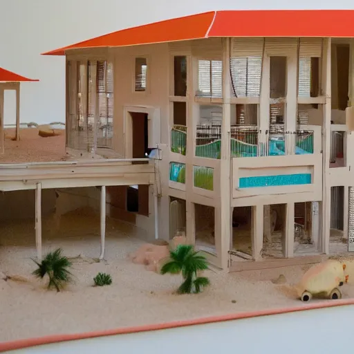 Prompt: big scale babyschema hotel in the dessert, toy house, modernism