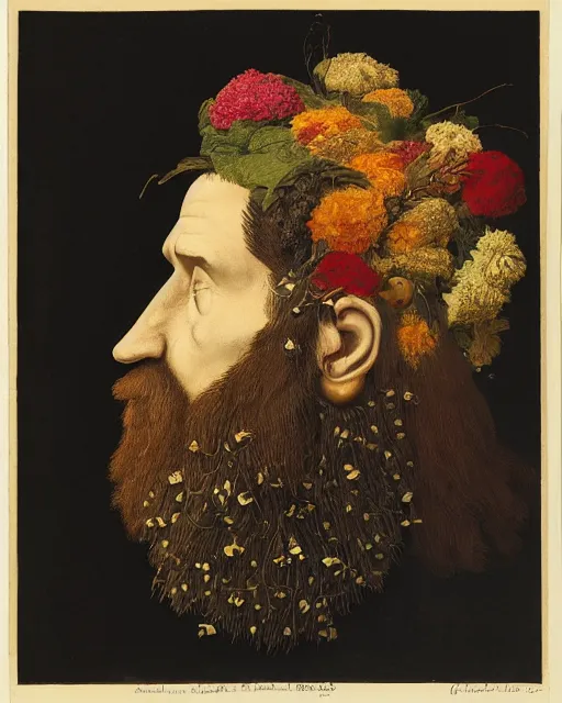 Image similar to a man's face in profile, long beard, made of flowers and fruit, in the style of the Dutch masters and Chris Ware, dark and moody