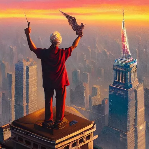 Image similar to a hyper realistic painting of man mixed with eagle standin on the statue of liberty, watching the colorful city with highly detailed skyline, sunset, majestic, wonderful, fantasy, by Greg Rutkowski, Trending on Artstation, digital art