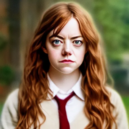 Image similar to beautiful hyperdetailed photograph of hermione granger portrrayed by emma stone, hogwarts uniform, golden hour, soft focus, medium shot, 8 k, portra 4 0 0