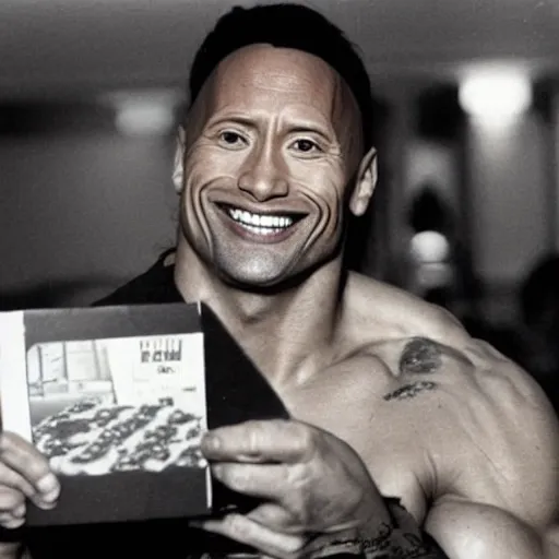 Image similar to dwayne johnson eating at a pizza hut in the 1 9 9 0 s. he is holding up a book - it paper.