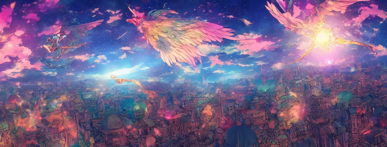 Prompt: souls flying up in a beautiful color night sky. hyperrealistic anime background illustration by kim jung gi, colorful, extremely detailed intricate linework, smooth, super sharp focus, bright colors, high contrast, matte, octopath traveler, unreal engine 5 highly rendered, global illumination, radiant light