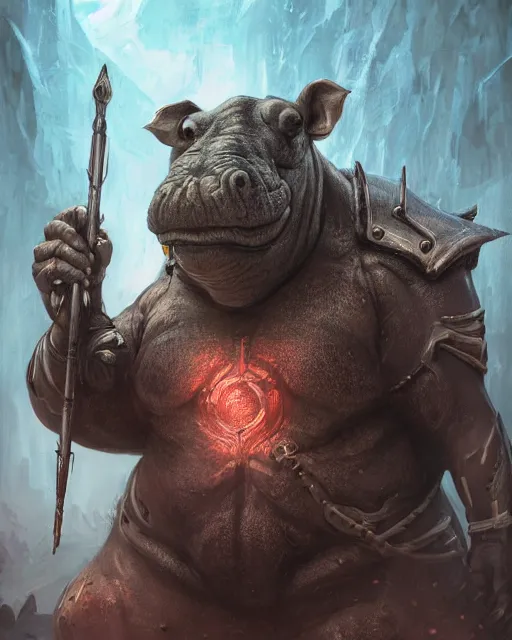 Image similar to Hippo, Anthropomorphized, portrait, as evil warlord general on skull throne, magic the gathering artwork, D&D, fantasy, cinematic lighting, centered, symmetrical, highly detailed, digital painting, artstation, concept art, smooth, sharp focus, illustration, volumetric lighting, epic Composition, 8k, art by Akihiko Yoshida and Greg Rutkowski and Craig Mullins, heroic pose, oil painting, cgsociety, Battlefield background, explosions, arrows