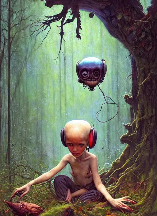 Image similar to cute alien in the woods by a river gorgeous lighting, lush forest foliage blue sky a hyper realistic painting by chiara bautista and beksinski and norman rockwell and greg rutkowski, tom bagshaw weta studio, and lucasfilm