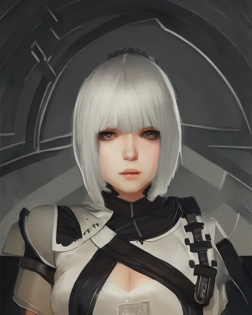 Prompt: full shot portrait of 2 b nier automata wearing a nazi uniform, hyper detailed, digital art, trending in artstation, cinematic lighting, studio quality, smooth render, unreal engine 5 rendered, octane rendered, art style by klimt and nixeu and ian sprigger and wlop and krenz cushart.