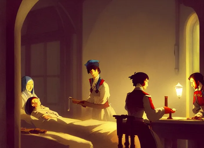 Image similar to 1 8 5 5 crimea, army hospital at night, patients sleeping, florence nightingale holding lamp, visiting the soldiers to make sure they were comfortable, wounded patients, finely detailed perfect art, painted by greg rutkowski makoto shinkai takashi takeuchi studio ghibli