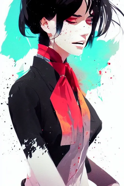 Image similar to a ultradetailed beautiful panting of a stylish woman wearing a shirt with a tie, she has black hair, by conrad roset, greg rutkowski and makoto shinkai, trending on artstation