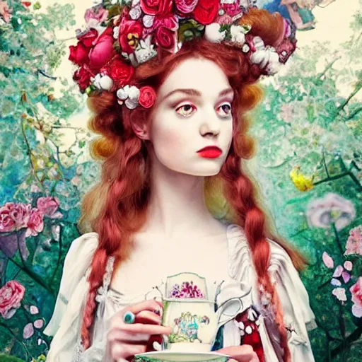Image similar to Alice in Wonderland at the tea party, she looks like a mix of grimes, Aurora Aksnes and Zendaya, childlike, billowing elaborate hair and dress, strings of pearls, surrounded by red and white roses, digital illustration, inspired by a stylistic blend of Aeon Flux, Japanese shoujo manga, and John singer Sargent paintings, hyper detailed, dreamlike, incredibly ethereal, super photorealistic, iridescent, dichroic prism, speckled, marbling effect, tulle and lace, extremely fine inking lines