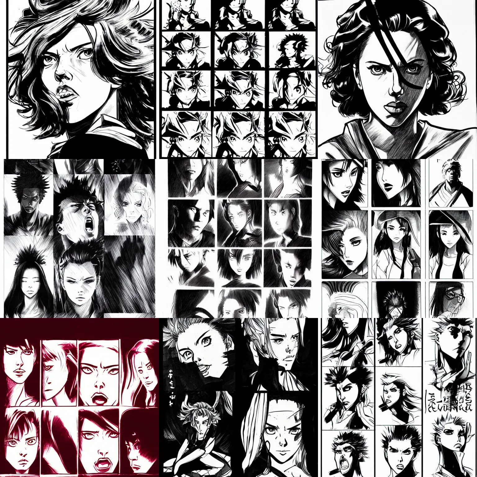 Prompt: 1 0 panels of scarlett johansson with angry expression, full body centered in frames, afro samurai anime. dramatic lighting, anime style, pencil and ink manga drawing,