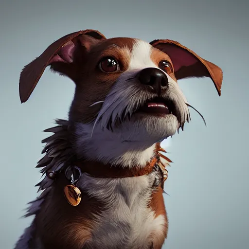 Image similar to a cute little dog portrait, photorealistic, 3 d render, award winning render, unreal engine, octane render, studio lighting, 8 k, hd, dustin nguyen, akihiko yoshida, greg tocchini, greg rutkowski, cliff chiang, pixar