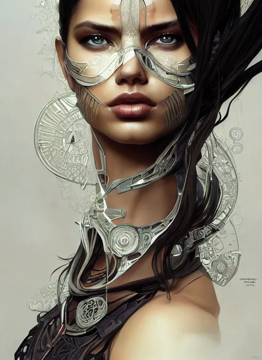 Image similar to symmetry!! adriana lima, machine parts embedded into face, intricate, elegant, highly detailed, digital painting, artstation, concept art, smooth, sharp focus, illustration, art by artgerm and greg rutkowski and alphonse mucha, 8 k