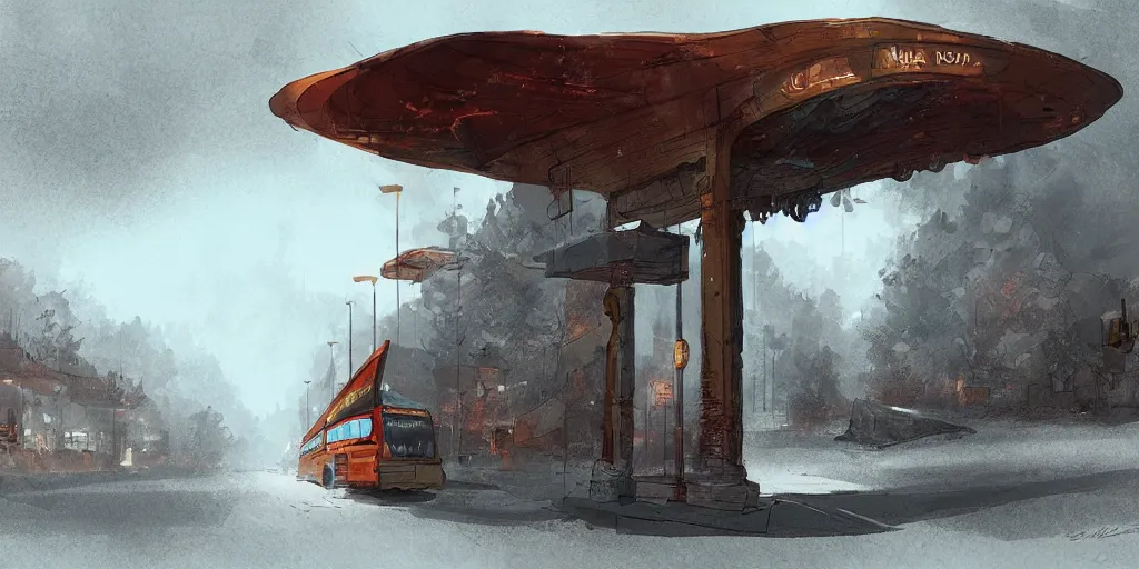 Prompt: concept art of a bus stop for the far north in style of marc simonetti