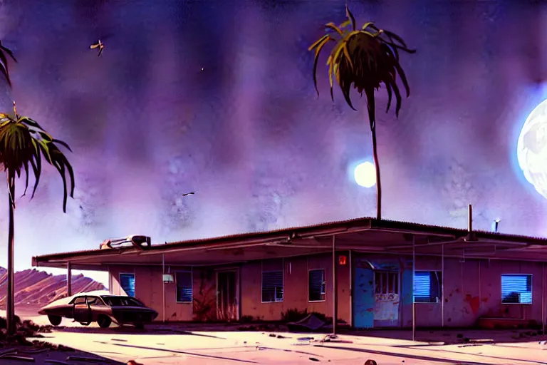 Image similar to broken robot | abandoned motel | palm trees | snowy mountains | moon in sky, painting by syd mead and weta studio and greg rutkowski and james jean and frank frazetta, gta san - andreas game screenshot, highly detailed, rule of third, soft lighting, architectural magazine, insanely intricate details, artstation trending, hypermaximalistic, high details, cinematic