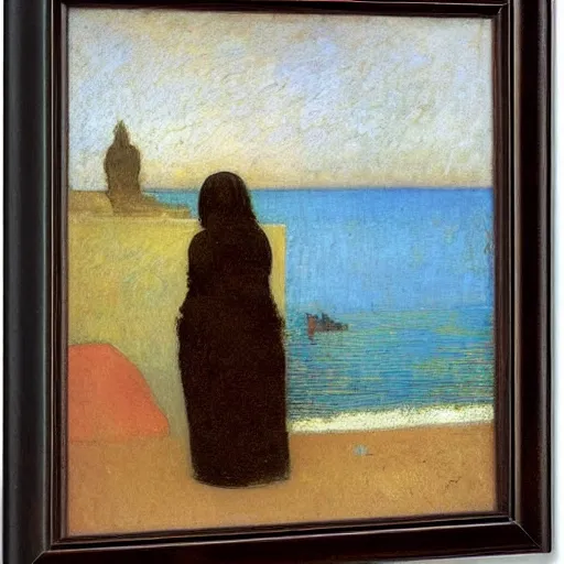 Image similar to a woman and her black and brown chihuahua looking out to sea by odilon redon