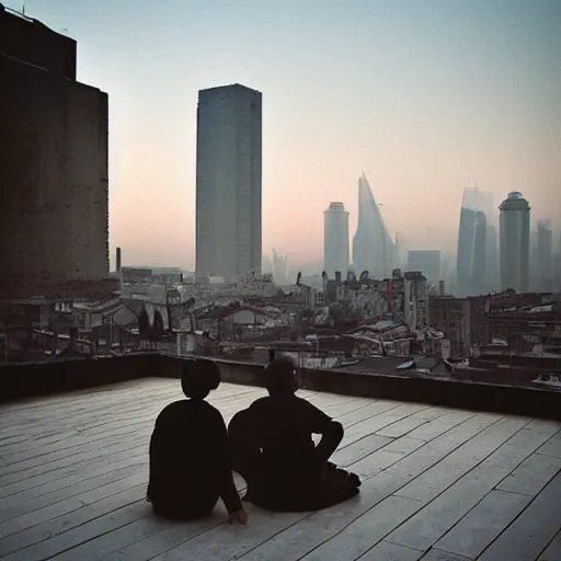 Image similar to a small rooftop with a couple of people sitting and watching the view, wearing black modern clothes, designed by rick owens, messy short hair, modern shanghai bund in smog is on the background, sunset, pale colors, by gregory crewdson