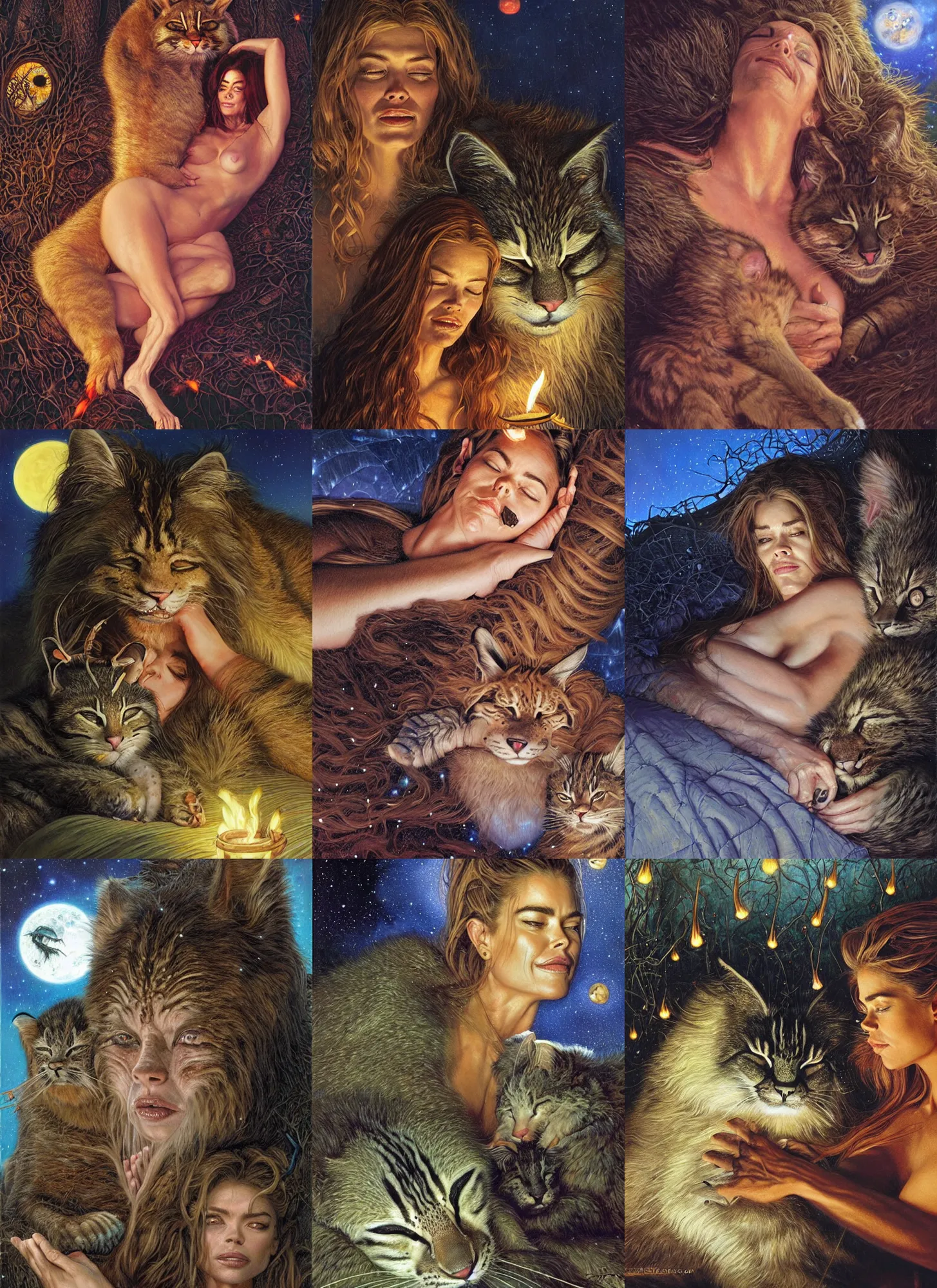 Prompt: face portrait of Denise Richards sleeping next to her large forest cat beast, torches and fireflies, mystical dark eerie night, long shadows, art by Donato Giancola, WLOP, Artgerm, Mark Keathley, Victor Nizovtsev, Carlos Shwabe, Ross Tran, WLOP