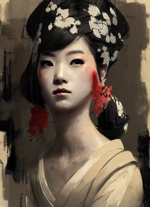 Image similar to female geisha girl, beautiful face, rule of thirds, intricate outfit, spotlight, by greg rutkowski, by jeremy mann, digital painting