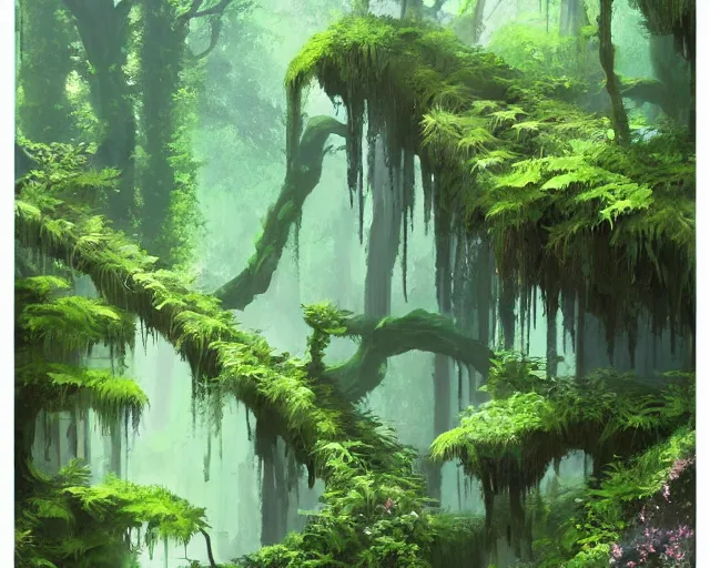Prompt: Fern canyon in Oregon, stone stairway, overgrown lush plants, atmospheric, cinematic, by Studio Ghibli, incredibly detailed, gorgeous, trending on Artstation