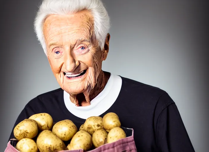 Image similar to studio portrait photo still of bob barker!!!!!!!! at age 7 3 years old 7 3 years of age!!!!!!! wearing a tank top holding a bag of potatos, 8 k, 8 5 mm f 1. 8, studio lighting, rim light, right side key light