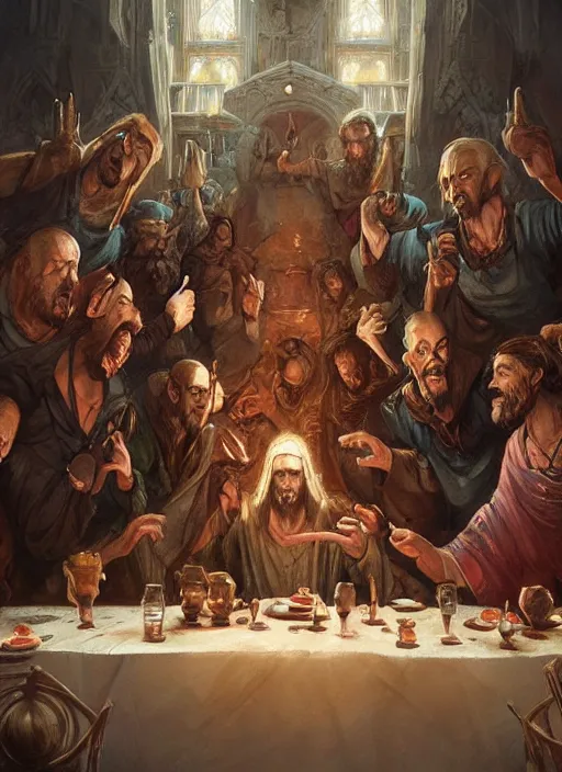 Prompt: the last supper beautiful painting by arthur addams and greg rutkowski and don bluth, highly detailed, illustration, epic, fantasy, intricate, hyper detailed, artstation, concept art, smooth, sharp focus, ray tracing