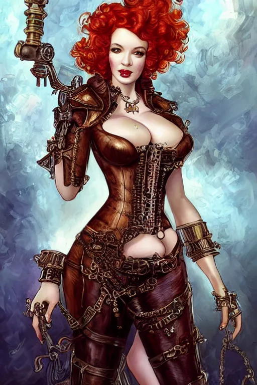 Image similar to three-quarters standing pose Christina Hendricks as a sensual Lady Mechanika, very beautiful young woman, ginger wavy hair, Victorian-era push-up underwire. Intricate, steampunk imagery themed, D&D!, fantasy style, sharp focus!, ultra detailed, art by Artgerm and Peter Andrew Jones, WLUP