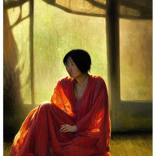 Prompt: an asian woman draped in loose woven textile cloth, lush, opulent, contemplative, warm glow, rebirth, renaissance, chiaroscuro, bathed in light, impressionism, abstract dappled background, prism, radiosity, pj crook, syd mead, livia prima, artgerm, greg rutkowski, nick alm, casey baugh, deep color