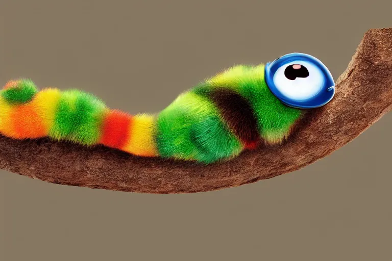 Image similar to disney pixar's a bug's life, cgi caterpillar colorful, furry caterpillar