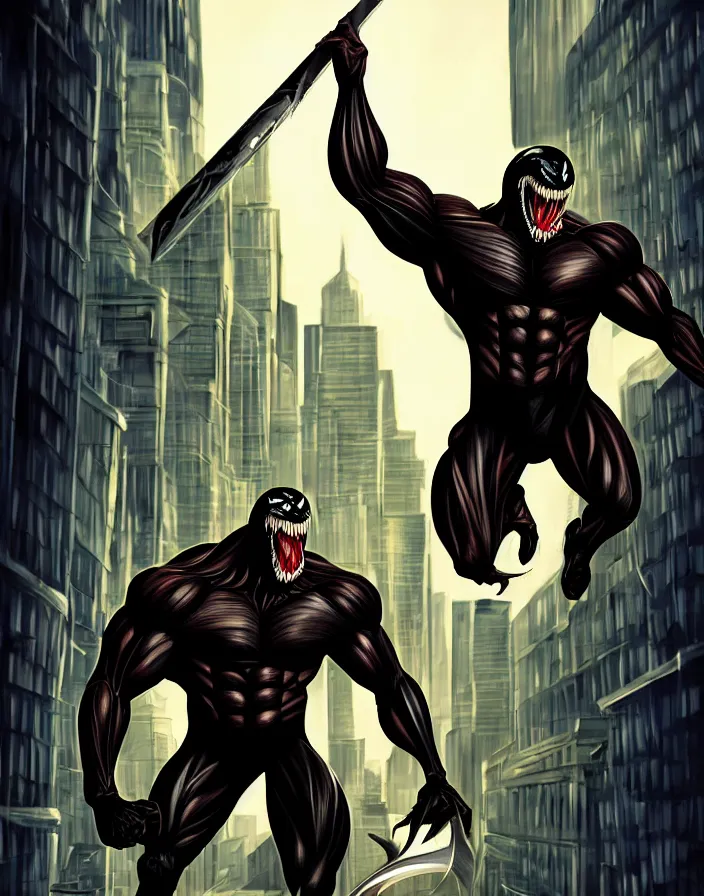 Image similar to fantastic illustration of venom, lethal protector, muscles, muscular, veins, open mouth, angry, saliva, bigh sharp teeths, savage, in a city at night, on top of buildings, large thong, artstation, 3 d hammer modeling, hd, sharp high quality artwork in cinematic style, movie lighting,