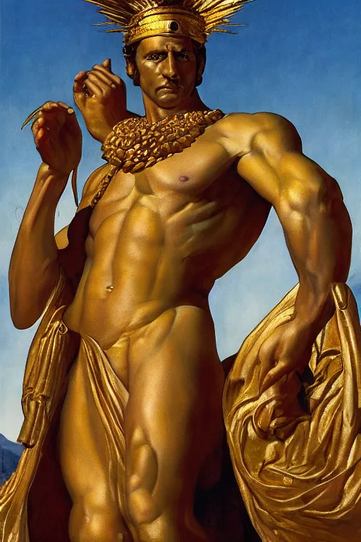 Image similar to emmanuel macron as the god of golden peace by thomas blackshear