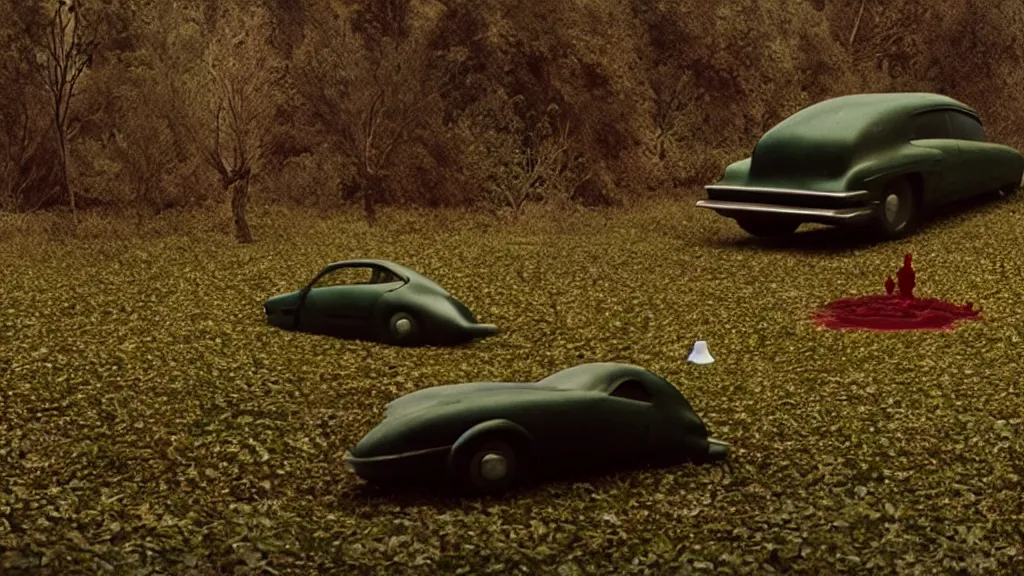 Image similar to the strange creature waits by the car, made of Chlorophyll and blood, film still from the movie directed by Denis Villeneuve with art direction by Salvador Dalí, wide lens