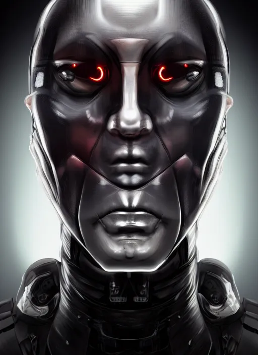 Prompt: bladerunner, cyberpunk, angled facial portrait of a bone ceramic caliente humanoid robot Spanish ninja with an attractive bald head and handsome features, large glowing eyes, macho, piroca, dotado, guapo, reflective surface, overwatch, trending on cgsociety, trending on artstation