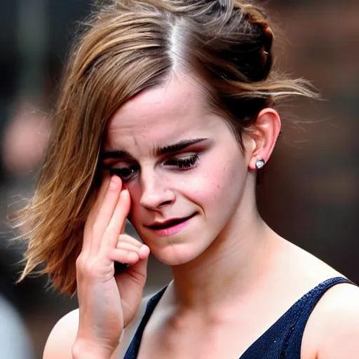 Prompt: emma watson crying with tears on cheeks