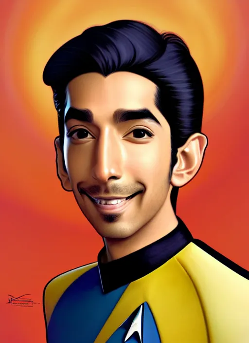 Image similar to cute star trek officer dev patel, natural lighting, path traced, highly detailed, high quality, digital painting, by don bluth and ross tran and studio ghibli and alphonse mucha, artgerm