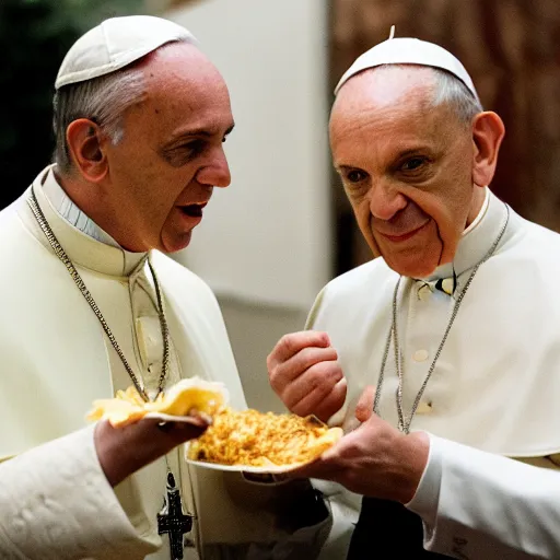 Image similar to young pope francis eating a burrito with john malkovich,