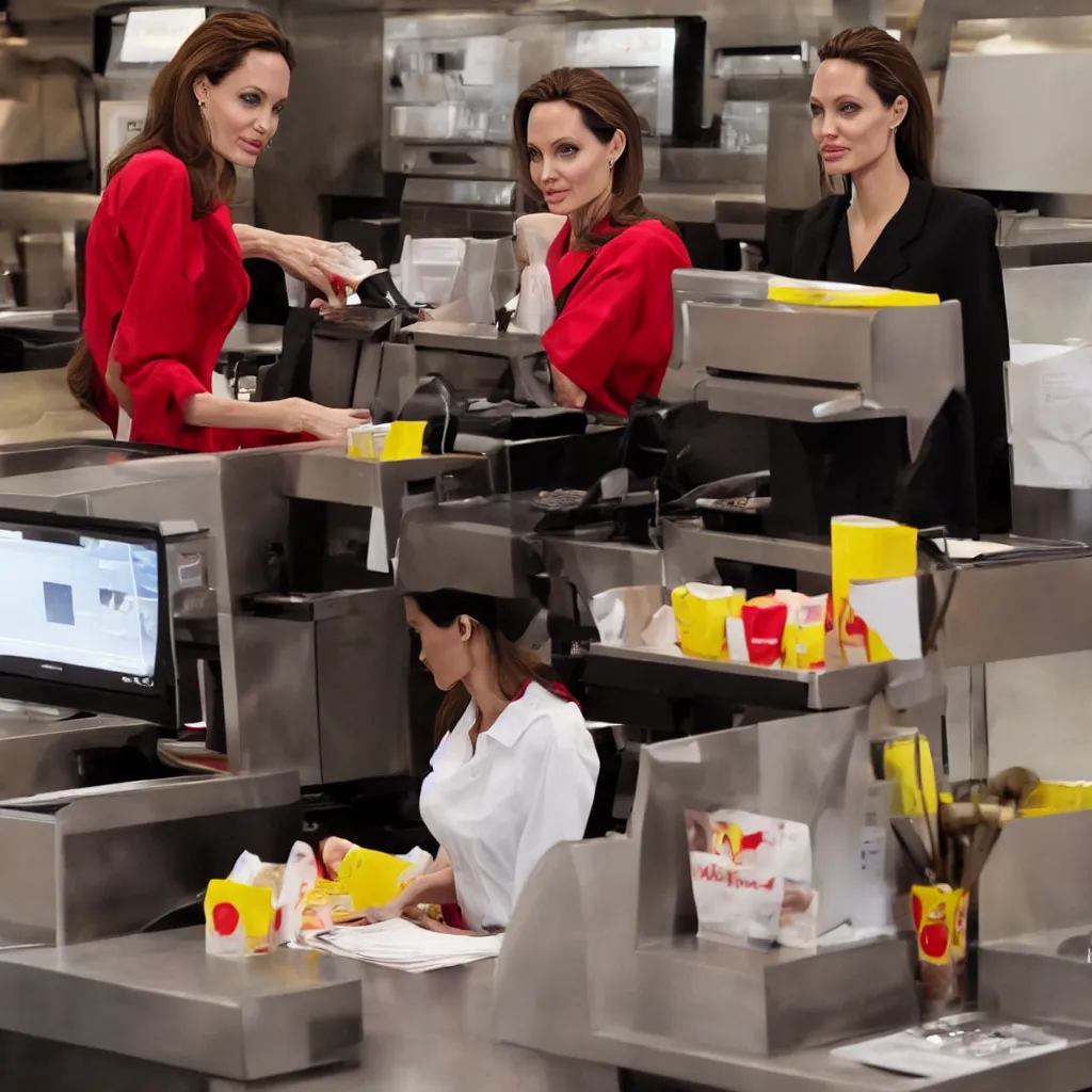 Image similar to Angelina Jolie working as a McDonalds cashier, macro, dramatic, HD