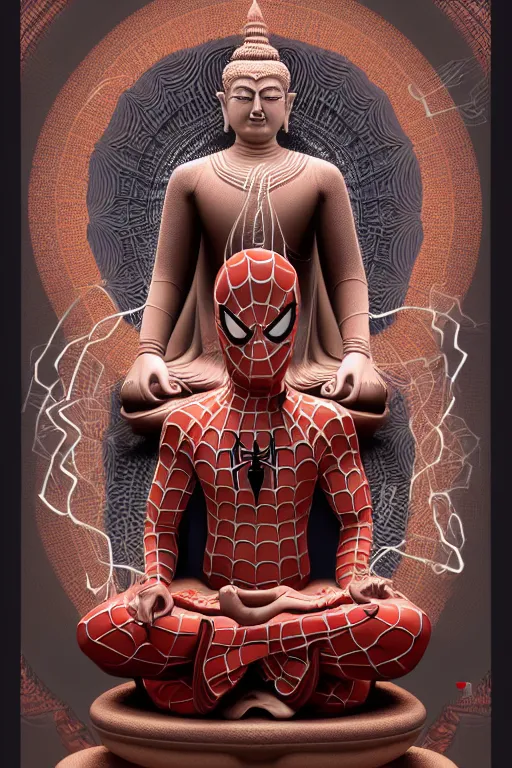 Image similar to digital masterpiece illustration concept art of porcelain statue of buddha gautama as spiderman, virasana, lotus, padmasana, extremely detailed and intricate complexity, epic composition, magical atmosphere, cinematic lighting, wide long shot, trending on artstation, 8 k